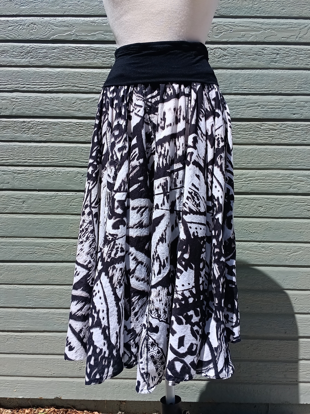 Indikka Black & White Printed Midi Skirt with Fold-Over Waist